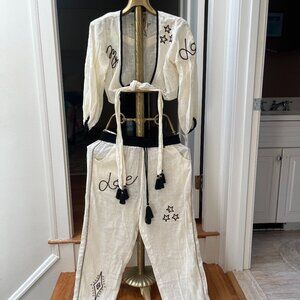 Z & L Linen black & tan Embroidered Wrap Top (matching pants in alt. posting)